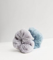 New Look 2 Pack Blue and Grey Faux Fur Scrunchies